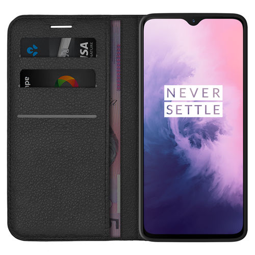 Leather Wallet Case & Card Holder Pouch for OnePlus 7 - Black
